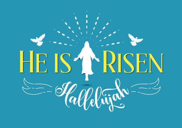 He is Risen! Vector Illustration He is risen! White lettering for Easter poster on blue background easter sunday stock illustrations