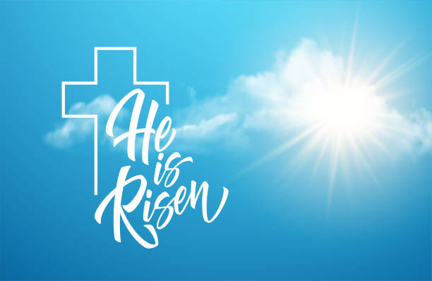 He was resurrected lettering against a background of clouds and sun. Background for congratulations on the Resurrection of Christ. Vector illustration He was resurrected lettering against a background of clouds and sun. Background for congratulations on the Resurrection of Christ. Vector illustration EPS10 gospel stock illustrations