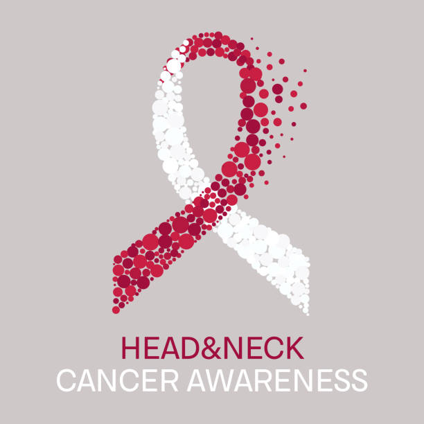 Head and neck cancer poster Head and neck cancer awareness poster with white and burgundy ribbon made of dots on light background. Medical concept. Vector illustration. neck stock illustrations