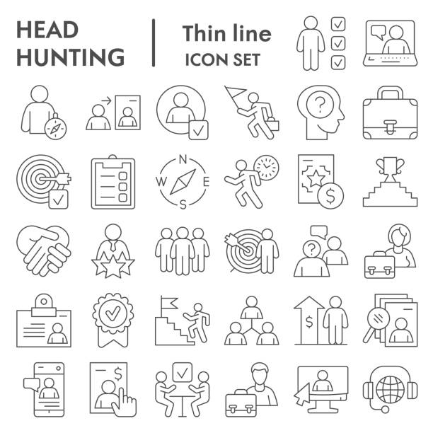 ilustrações de stock, clip art, desenhos animados e ícones de head hunting thin line icon set. job and office collection or sketches, symbols. corporate business signs for web, outline style pictogram package isolated on white background. vector graphic. - businessman train working