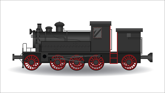 Head of Steam locomotive antique model with black tones And red steel wheels.