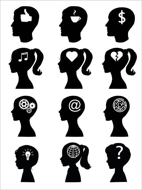 Head silhouettes of man, woman and children with icons. Head silhouettes of man, woman and children with icons. Vector ilustration. maze silhouettes stock illustrations