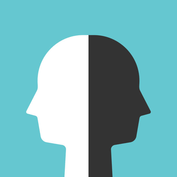 Head, white, black halves Head of white and black halves. Psychology, bipolar disorder, emotion, duality, ambivalence and personality concept. Flat design. EPS 8 vector illustration, no transparency, no gradients half happy half sad stock illustrations