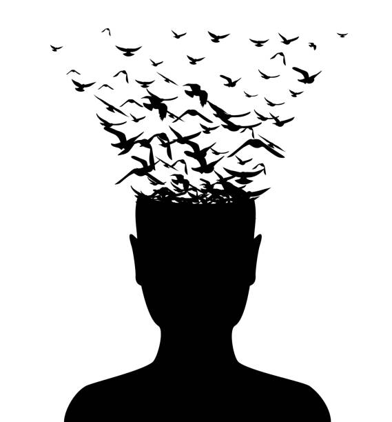 Head with flying birds . Vector isolated decoration element from scattered silhouettes. Conceptual illustration of creative thinking, brainpower and innovation exploration. swarm birds stock illustrations
