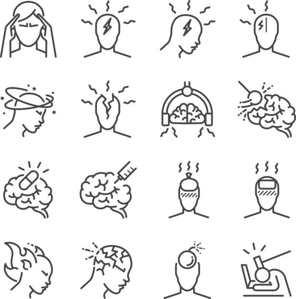 kopfschmerzen-linie-icon-set. die symbole als spannung kopfschmerzen, cluster-kopfschmerzen, migräne, gehirn symptom und mehr enthalten. - kopfschmerz stock-grafiken, -clipart, -cartoons und -symbole