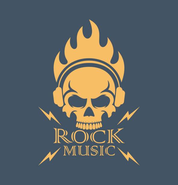 Headphone skull flame and text Color illustration on the theme of rock music skull logo stock illustrations
