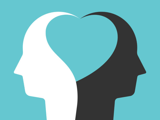Heads united by heart Two white and black head silhouettes united by heart shape inside them on turquoise blue. Unity, tolerance, peace, love concept. Flat design. Eps 8 vector illustration, no transparency, no gradients human brain stock illustrations