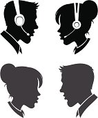 Heads of man and woman with headphones and mic and without it.