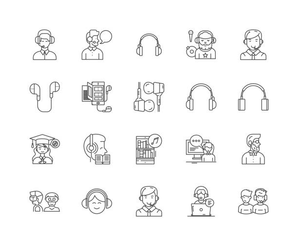 ilustrações de stock, clip art, desenhos animados e ícones de headset line icons, signs, vector set, outline illustration concept - mobile phone