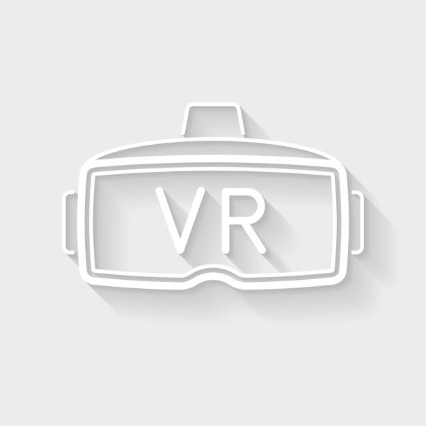 VR headset - Virtual reality. Icon with long shadow on blank background - Flat Design White icon of "VR headset - Virtual reality" in a flat design style isolated on a gray background and with a long shadow effect. Vector Illustration (EPS10, well layered and grouped). Easy to edit, manipulate, resize or colorize. Vector and Jpeg file of different sizes. virtual reality simulator illustrations stock illustrations
