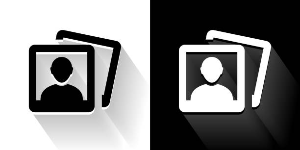 headshot bilder schwarz und weiß icon mit langen schatten - kopfbild stock-grafiken, -clipart, -cartoons und -symbole