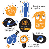 Health benefits of probiotics. Hand drawn infographic poster. Vector. Doodles