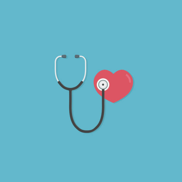 Health care and medicine concept. Flat design of red heart and stethoscope. medical tool for diagnosing of diseases of lungs and heart vector art illustration