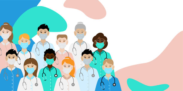 ilustraciones, imágenes clip art, dibujos animados e iconos de stock de atención médica. banner para el sitio, publicidad, envío por correo. médicos internacionales, enfermeras, paramédicos. copiar espacio - nurse face