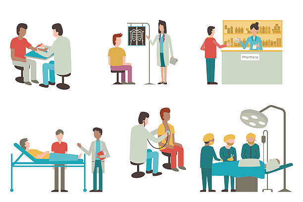 ilustrações de stock, clip art, desenhos animados e ícones de conjunto de cuidados de saúde - médico a examinar paciente