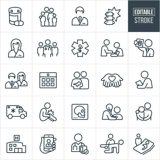 A set health care and medical icons that include editable strokes or outlines using the EPS vector file. The icons include both a male and female doctor, nurse, medical professionals, medication, x-ray, injury, medical check-up, ambulance, hospital, medical exam, physical therapy and hospital sick bed to name just a few.