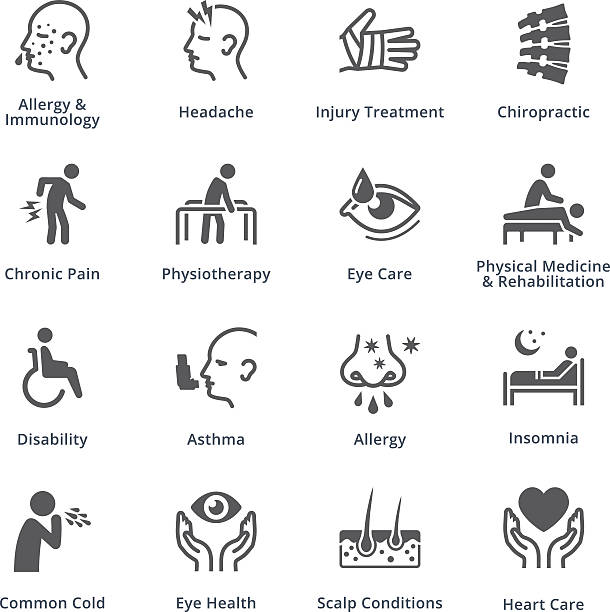 Health Conditions & Diseases Icons - Black Series This set contains health conditions & diseases icons that can be used for designing and developing websites, as well as printed materials and presentations. chronic pain stock illustrations