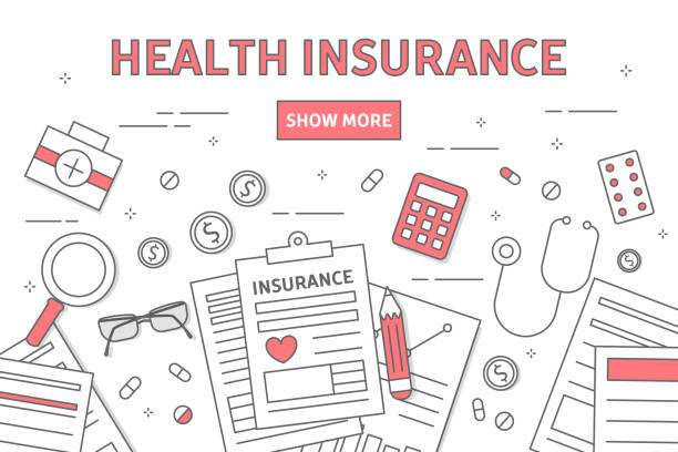 Health insurance line illustration. Health insurance line illustration. Documents and medication on white. beak stock illustrations