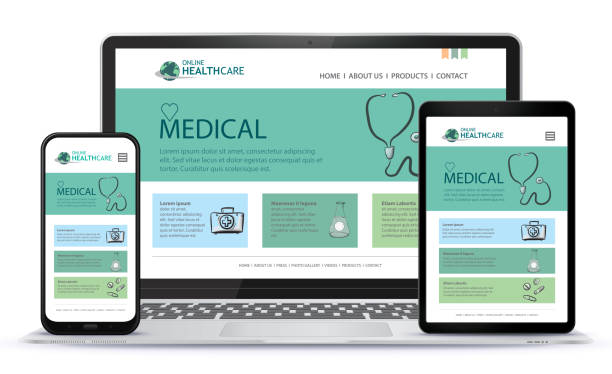 Healthcare and Medical User Interface Design for Web Site and Mobile App. Laptop, Tablet PC and Mobile Phone Vector Illustration. Medical UI Design for Laptop, Tablet PC and Mobile Phone. web page stock illustrations