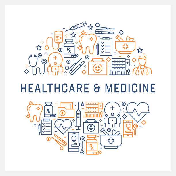 Healthcare and Medicine Concept - Colorful Line Icons, Arranged in Circle Healthcare and Medicine Concept - Colorful Line Icons, Arranged in Circle doctor backgrounds stock illustrations