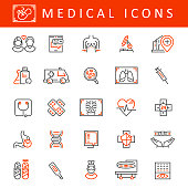 High detailed two colored line Healthcare and Medicine Icons with Pharmacy, Surgery Illustrations