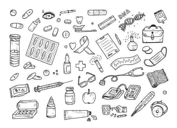 Healthcare and Medicine Vector Set. Hand Drawn Doodle Health items. Drugs and Medical Products and Devices. Healthcare and Medicine Vector Set. Hand Drawn Doodle Health items. Drugs and Medical Products and Devices. dna drawings stock illustrations