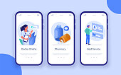 Healthcare and Medicine Mobile App Pages Template. Patient Choosing Online Doctor and Receiving Medicament Prescription. Different Medical Services Concept. Flat Isometric Vector Illustration.