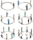 Healthcare professionals standing on circular arrow diagrams. Choose from cycles with 2, 3, 4, 5, 6 or 7 steps. 
