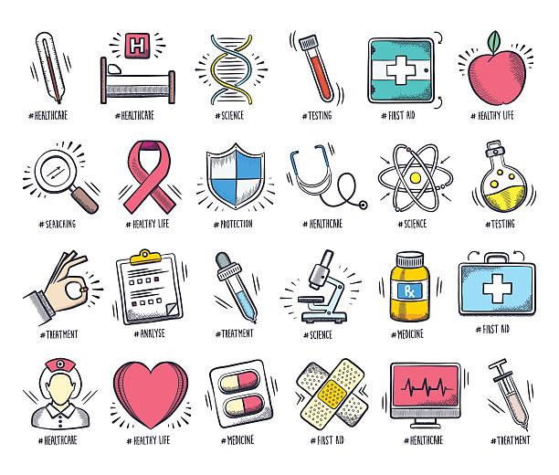 Healthcare Doodles Health care and medicine icon set. Vector doodle illustrations. doctor patterns stock illustrations