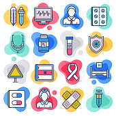 Healthcare insurance coverage liquid flat line flow style symbols. Flat line design vector icons set for infographics, mobile and web designs.