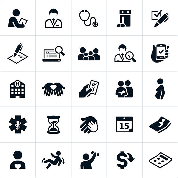 Healthcare Insurance Icons Icons related to the healthcare insurance industry. The icons symbolize common health insurance related subject matter including choosing a health care plan, a doctor and signing up for health insurance. They also include common medical or healthcare related symbols from a hospital, medication, health insurance card, injury, rehabilitation, stethoscope, doctor, families and other healthcare related subjects. doctor drawings stock illustrations