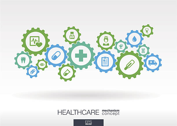 Healthcare mechanism concept. Abstract background with connected gears and icons for medical, health, care, medicine, network, social media and global concepts. Vector infographic illustration. consistent word stock illustrations