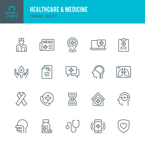 醫療服務與醫藥-設置的細線向量圖示 - 處方 文件 幅插畫檔、美工圖案、卡通及圖標