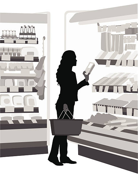 HealthConscious A young woman reads the lables before selecting items at the deli. supermarket silhouettes stock illustrations