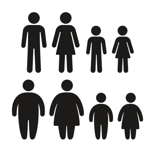 Healthy and obese icon set Healthy weight and obese people icon set. Man, woman and children, overweight family problem. Simple flat vector symbols. heavy stock illustrations