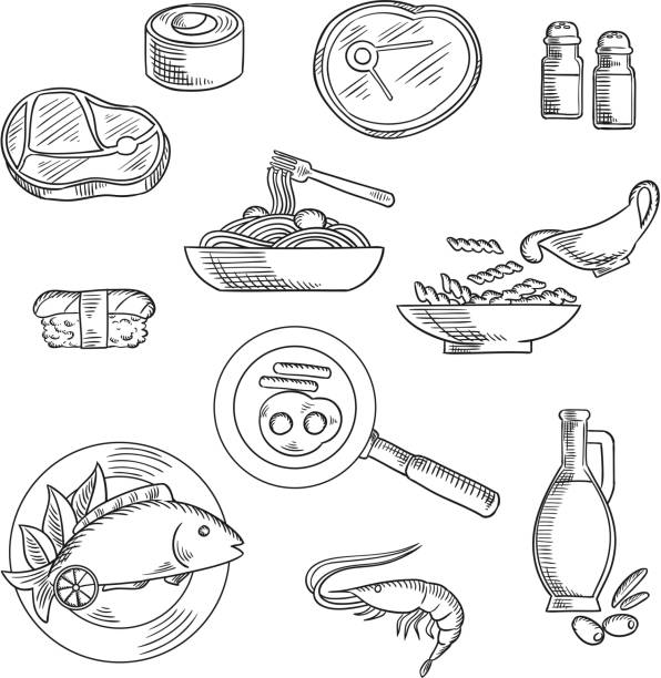 bildbanksillustrationer, clip art samt tecknat material och ikoner med healthy breakfast and lunch sketched icons - tallrik med fisk