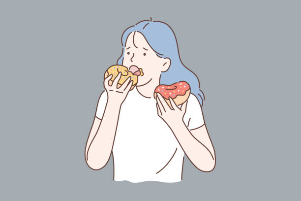 Healthy diet or junk food concept. Healthy diet or junk food concept. Portrait of young depressed girl eating donuts. Vector flat design. dieting illustrations stock illustrations