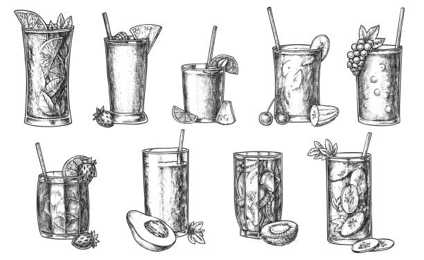 Healthy drink hand drawn sketch isolated on white background Fresh healthy drink diet menu hand drawn sketch. Smoothie, shake, detox cocktail, lemonade, organic fruit and berry juice in glass, jar or jug vector illustration isolated on white background smoothie drawings stock illustrations