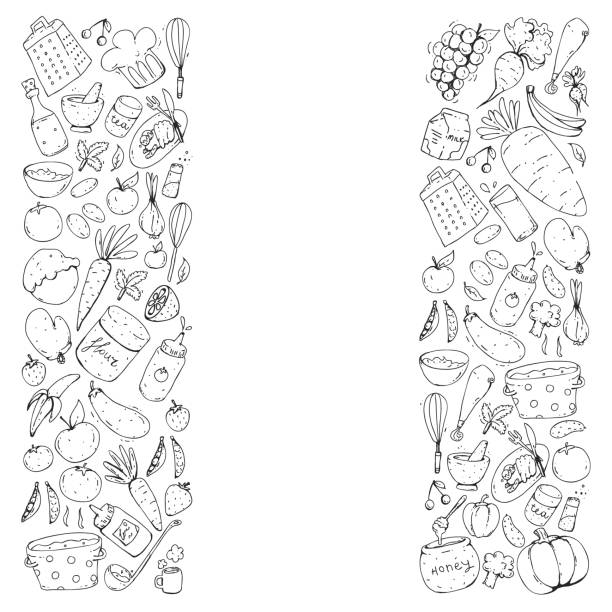 Healthy food and cooking. Fruits, vegetables, household. Doodle vector set. vector art illustration