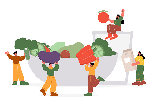 Healthy food concept with people and vegetables