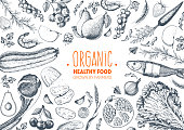 Healthy food frame vector illustration. Vegetables, fruits, meat hand drawn. Organic food set. Good nutrition.