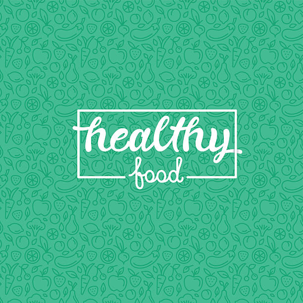 Healthy food Healthy food - motivational poster or banner with hand-lettering phrase on green background with trendy linear icons and signs of fruits and vegetables - vector illustration food patterns stock illustrations