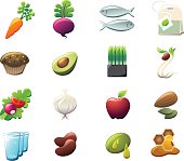 16 icons of foods that help keep us healthy! Vegetables, green tea, fish, garlic, water, nuts, honey, sprouts, whole grains, fruit, wheat grass. 