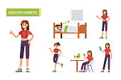 Healthy habits concept banner.  Flat cartoon vector illustration isolated on white background.