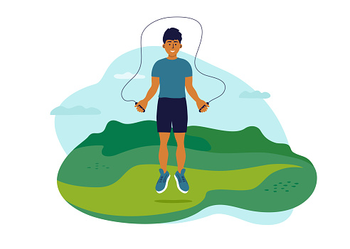 Healthy lifestyle and outdoor activities vector illustration with young man jumping in park