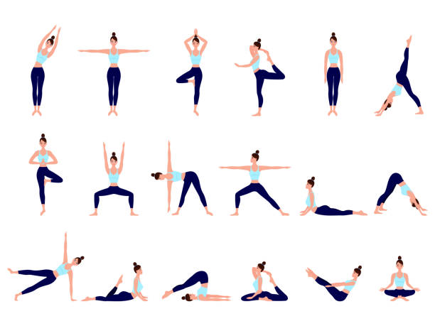 gesunder lebensstil. sammlung weiblicher zeichentrickfiguren, die verschiedene yoga-positionen demonstrieren. frauenfiguren trainieren in blauer sportbekleidung und schwarzer yogahose - yoga poses stock-grafiken, -clipart, -cartoons und -symbole