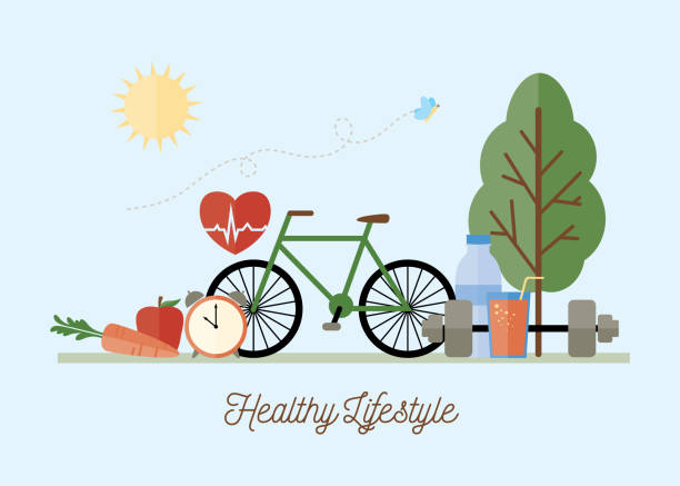 Healthy Lifestyle Concept Illustration Vector graphic imagery representing fitness, nutrition and well-being routine illustrations stock illustrations