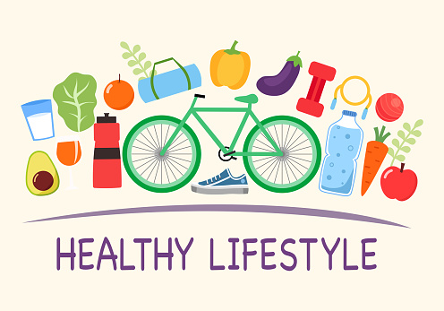 Healthy lifestyle concept vector illustration. Good food and drink, fitness exercise, healthcare and relaxation in flat design. Keep healthy everyday.