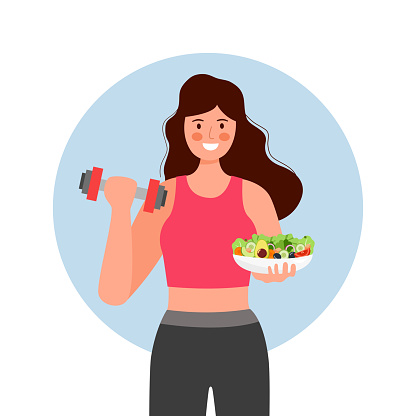 Healthy lifestyle concept vector illustration. Young woman holding dumbbell and salad dish in flat design.