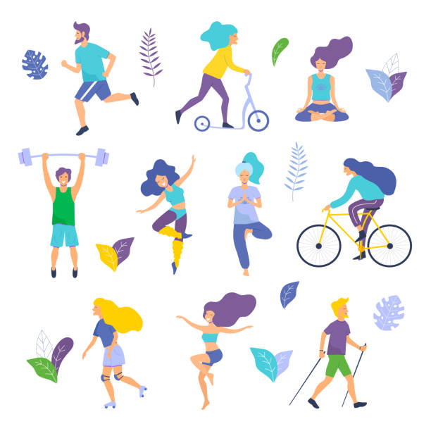ilustrações de stock, clip art, desenhos animados e ícones de healthy lifestyle. different physical activities: running, roller skates, dancing, bodybuilding, yoga, fitness, scooter, nordic walking. - natural food infographics